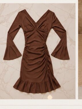SHEIN Brown V-Neck Ruched Midi Dress with Bell Sleeves